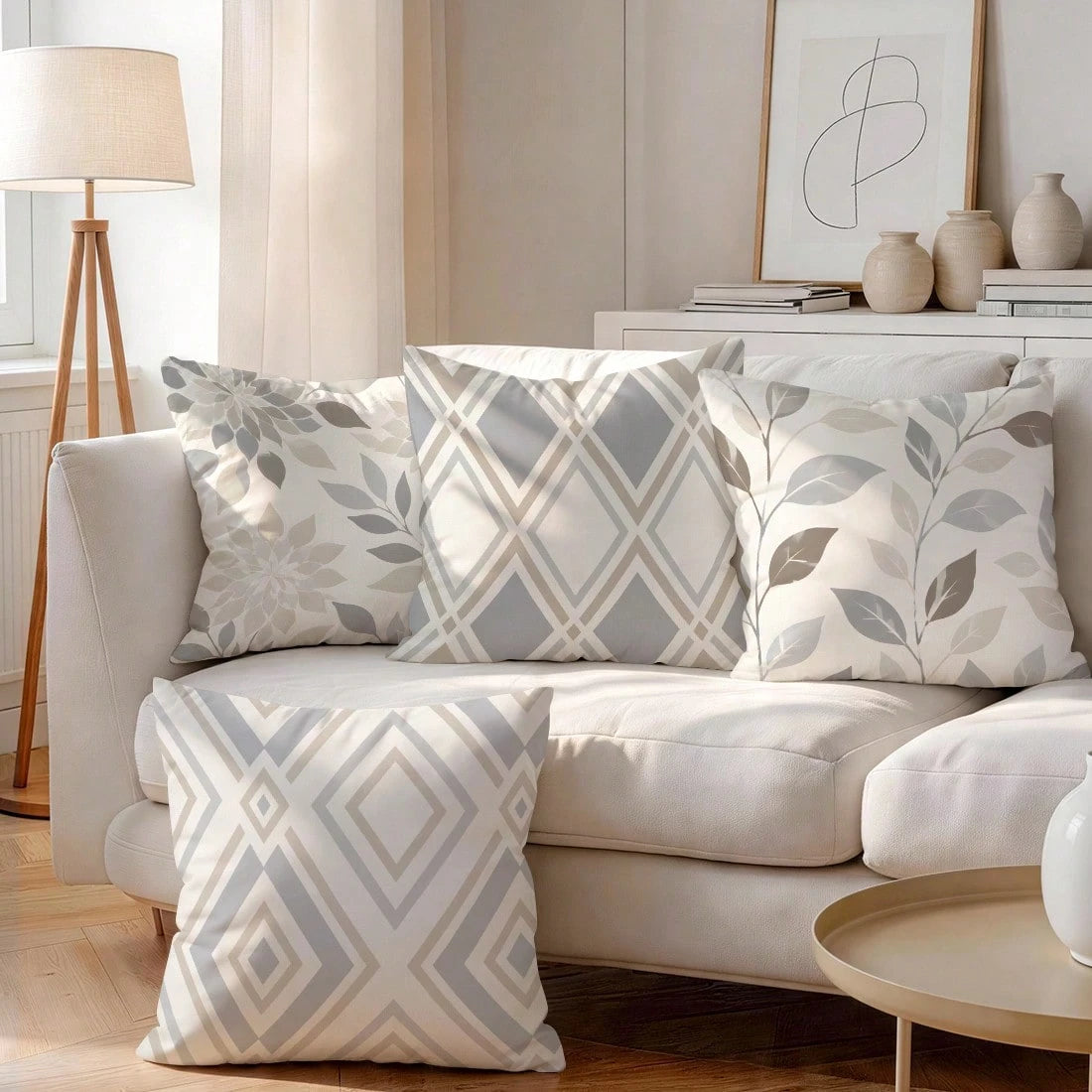 4pcs Geometric Leaf Pattern Single-Sided Printed Pillow Covers/Cushion Covers, Multi-Scene Atmosphere Decorative Pillow Covers Suitable For Living Room, Sofa, Bedroom, Without Pillow Insert