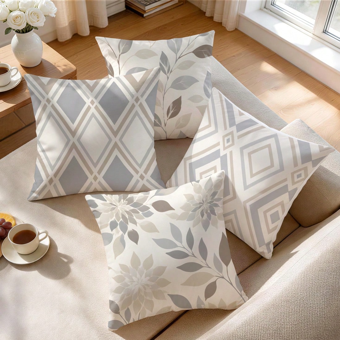 4pcs Geometric Leaf Pattern Single-Sided Printed Pillow Covers/Cushion Covers, Multi-Scene Atmosphere Decorative Pillow Covers Suitable For Living Room, Sofa, Bedroom, Without Pillow Insert