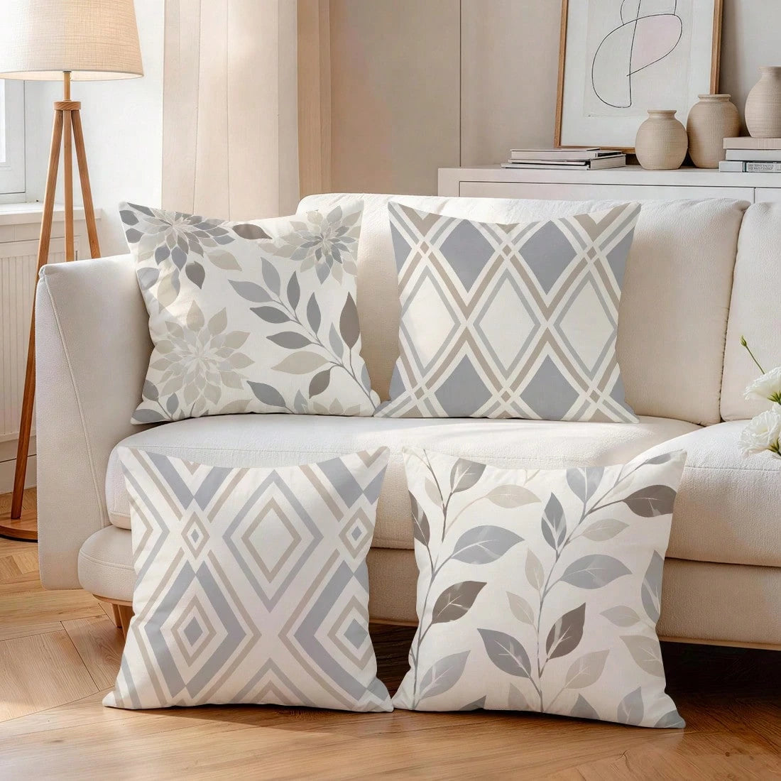 4pcs Geometric Leaf Pattern Single-Sided Printed Pillow Covers/Cushion Covers, Multi-Scene Atmosphere Decorative Pillow Covers Suitable For Living Room, Sofa, Bedroom, Without Pillow Insert