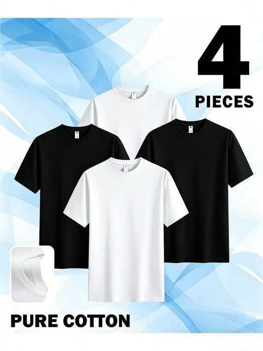4pcs Men's & Women's 100% Cotton T-Shirts- Moisture-Wicking Breathable Summer Crew Neck Tees, For Outdoor Sports, Beach & Casual Wear- Unisex Solid Color Short Sleeve Shirts, Summer T Shirts, Class