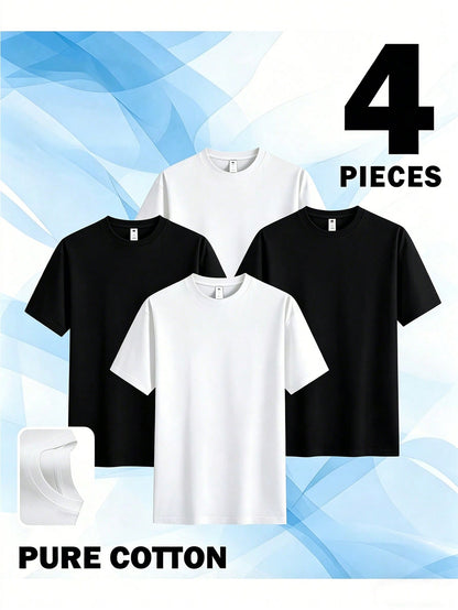 4pcs Men's & Women's 100% Cotton T-Shirts- Moisture-Wicking Breathable Summer Crew Neck Tees, For Outdoor Sports, Beach & Casual Wear- Unisex Solid Color Short Sleeve Shirts, Summer T Shirts, Class