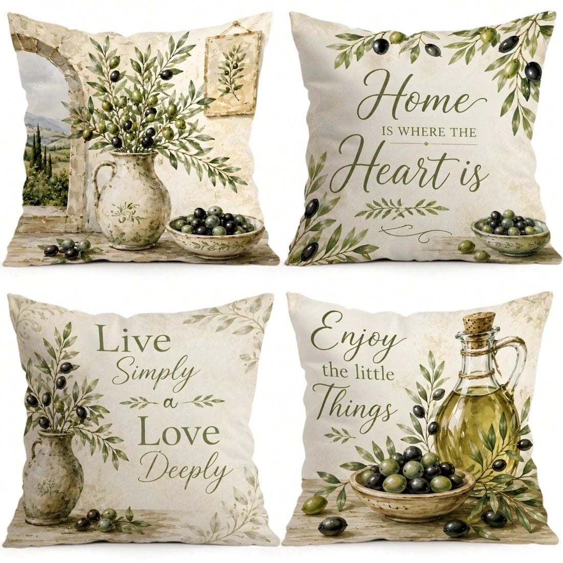 4pcs Pastoral Olive Vintage Text Pattern Pillow Covers, Single-Sided Printed Pillow Covers, Suitable For Living Room Bedroom Home Decor, All Season Pillow Covers