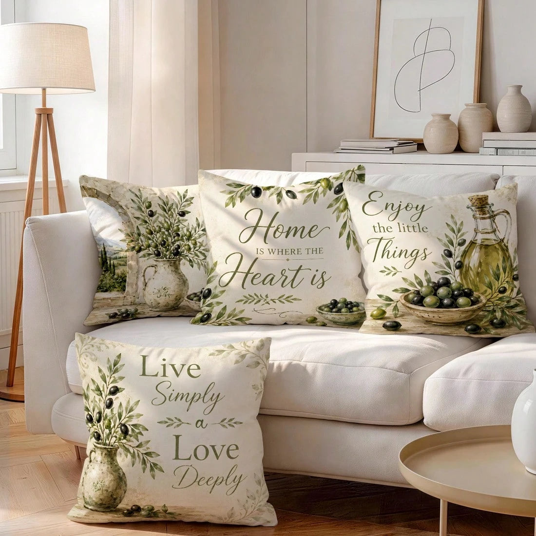 4pcs Pastoral Olive Vintage Text Pattern Pillow Covers, Single-Sided Printed Pillow Covers, Suitable For Living Room Bedroom Home Decor, All Season Pillow Covers