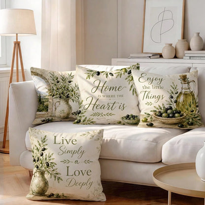 4pcs Pastoral Olive Vintage Text Pattern Pillow Covers, Single-Sided Printed Pillow Covers, Suitable For Living Room Bedroom Home Decor, All Season Pillow Covers