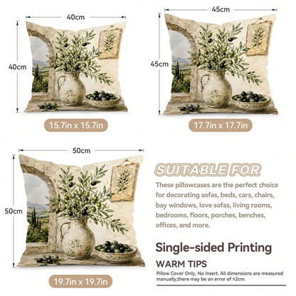 4pcs Pastoral Olive Vintage Text Pattern Pillow Covers, Single-Sided Printed Pillow Covers, Suitable For Living Room Bedroom Home Decor, All Season Pillow Covers