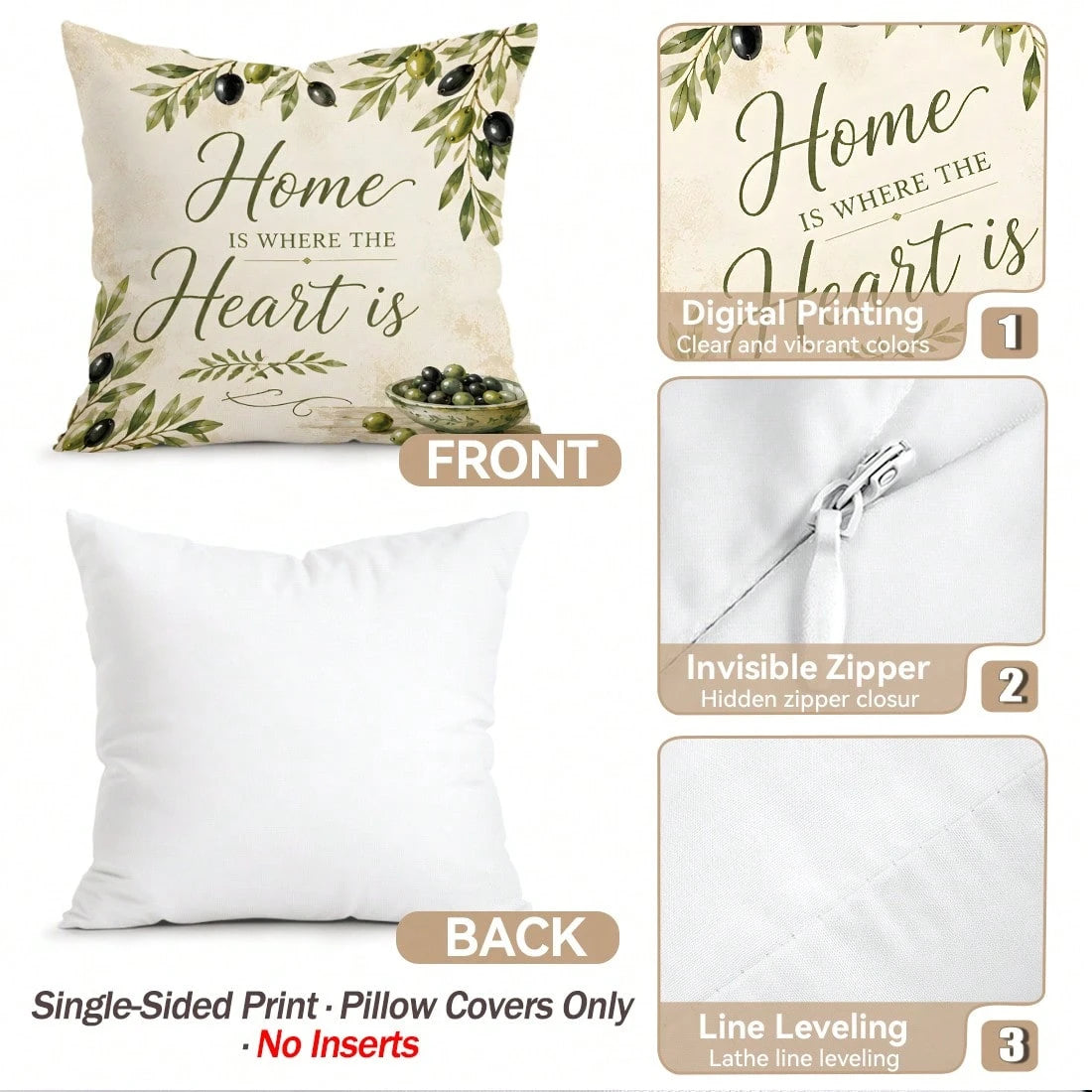 4pcs Pastoral Olive Vintage Text Pattern Pillow Covers, Single-Sided Printed Pillow Covers, Suitable For Living Room Bedroom Home Decor, All Season Pillow Covers
