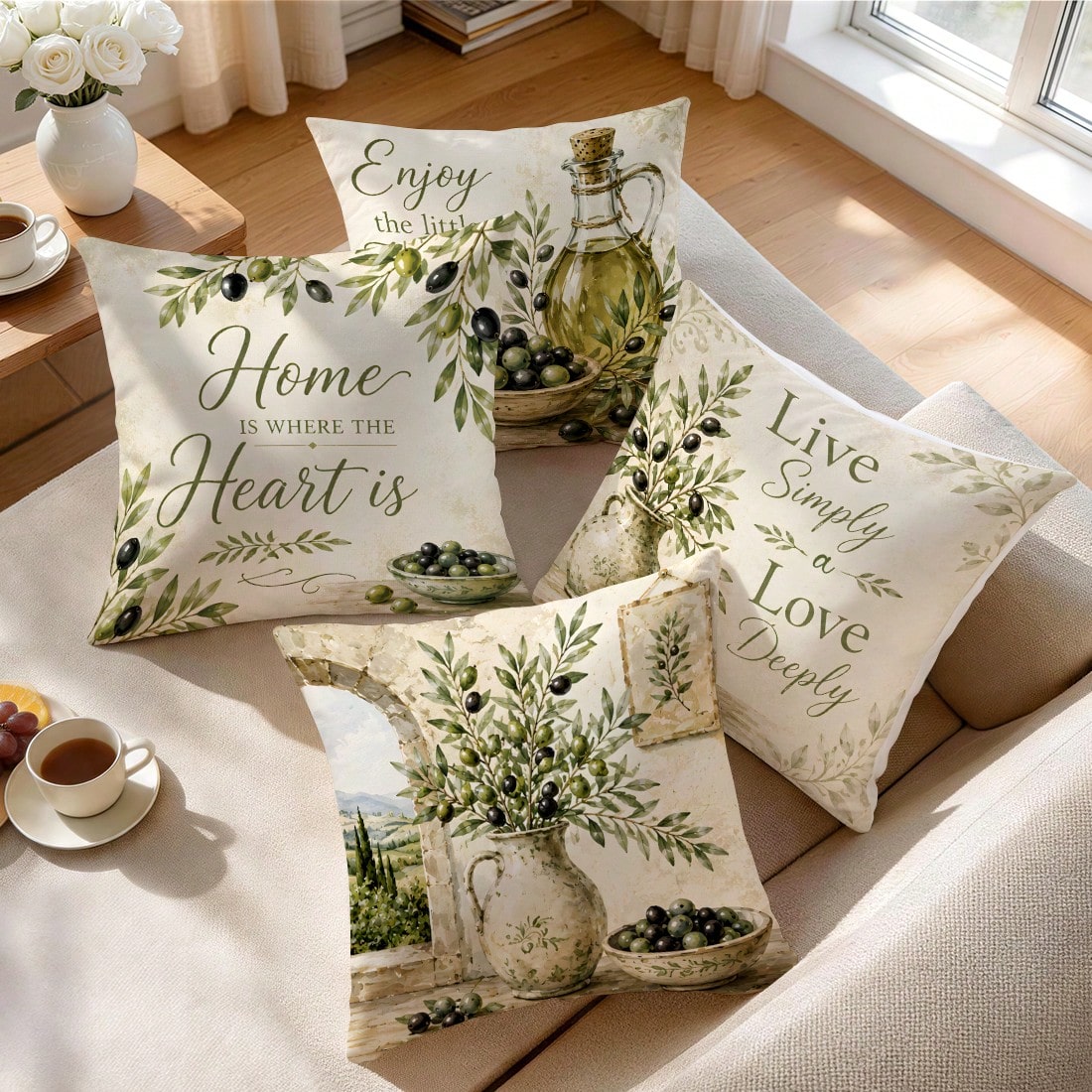 4pcs Pastoral Olive Vintage Text Pattern Pillow Covers, Single-Sided Printed Pillow Covers, Suitable For Living Room Bedroom Home Decor, All Season Pillow Covers