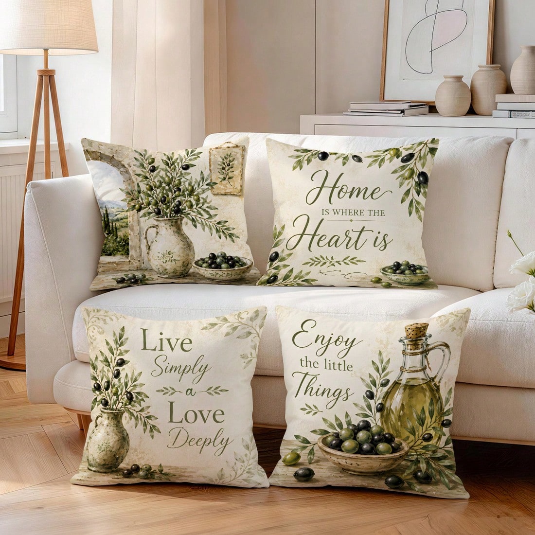 4pcs Pastoral Olive Vintage Text Pattern Pillow Covers, Single-Sided Printed Pillow Covers, Suitable For Living Room Bedroom Home Decor, All Season Pillow Covers