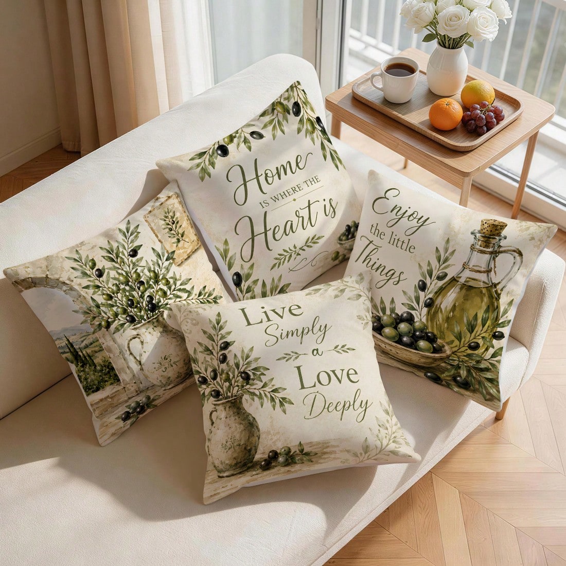 4pcs Pastoral Olive Vintage Text Pattern Pillow Covers, Single-Sided Printed Pillow Covers, Suitable For Living Room Bedroom Home Decor, All Season Pillow Covers