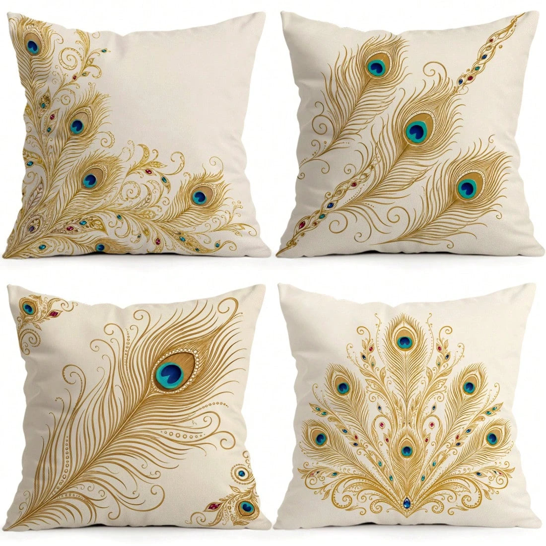 4pcs Peacock Feather Pillow Covers, Elegant Bohemian Peacock Plume Print Pattern, Polyester Material Without Insert, Single-Sided Printed Pillow Covers, Suitable For Living Room Bedroom Home Decor, Al