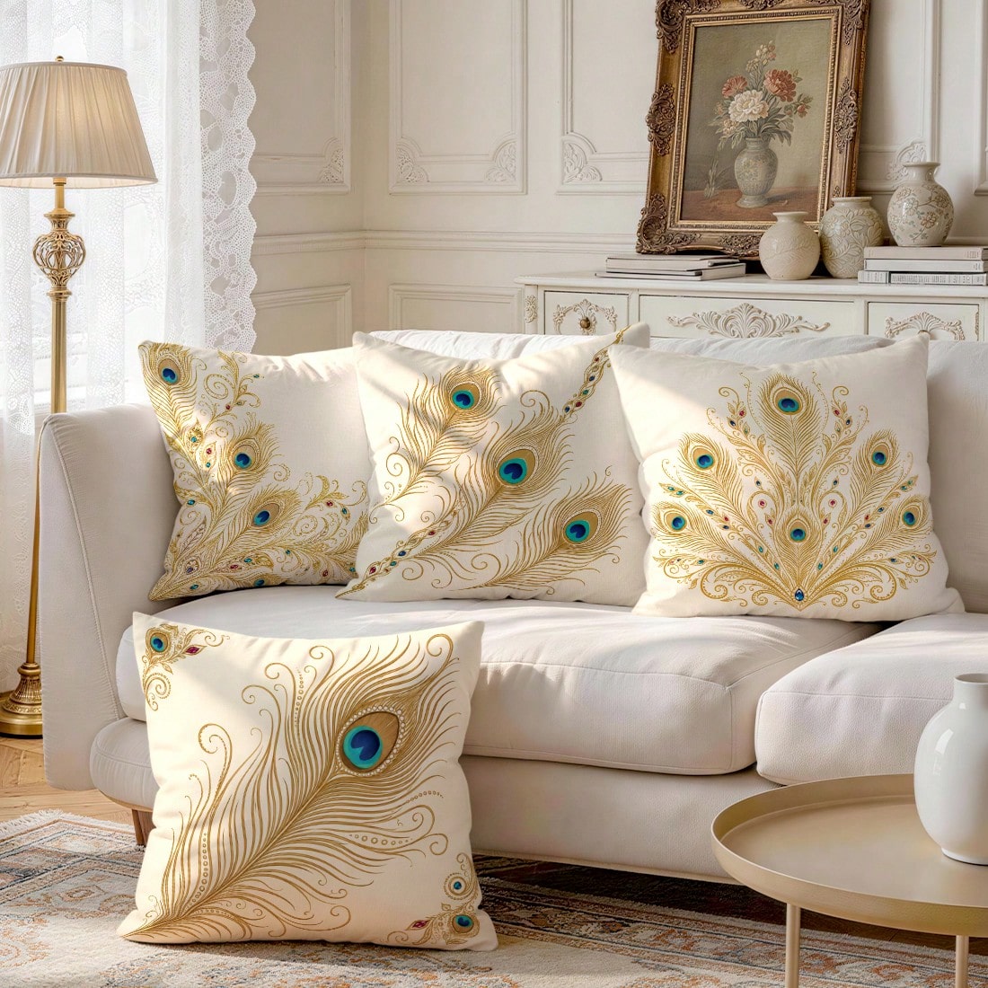 4pcs Peacock Feather Pillow Covers, Elegant Bohemian Peacock Plume Print Pattern, Polyester Material Without Insert, Single-Sided Printed Pillow Covers, Suitable For Living Room Bedroom Home Decor, Al