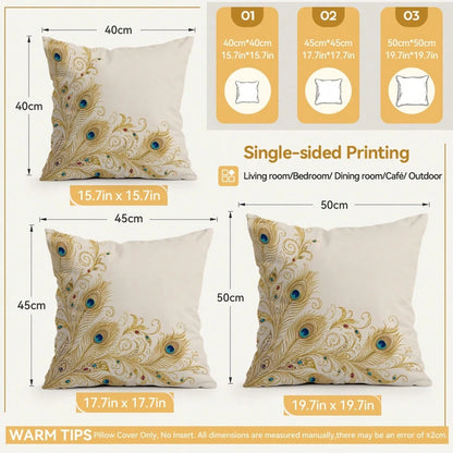 4pcs Peacock Feather Pillow Covers, Elegant Bohemian Peacock Plume Print Pattern, Polyester Material Without Insert, Single-Sided Printed Pillow Covers, Suitable For Living Room Bedroom Home Decor, Al