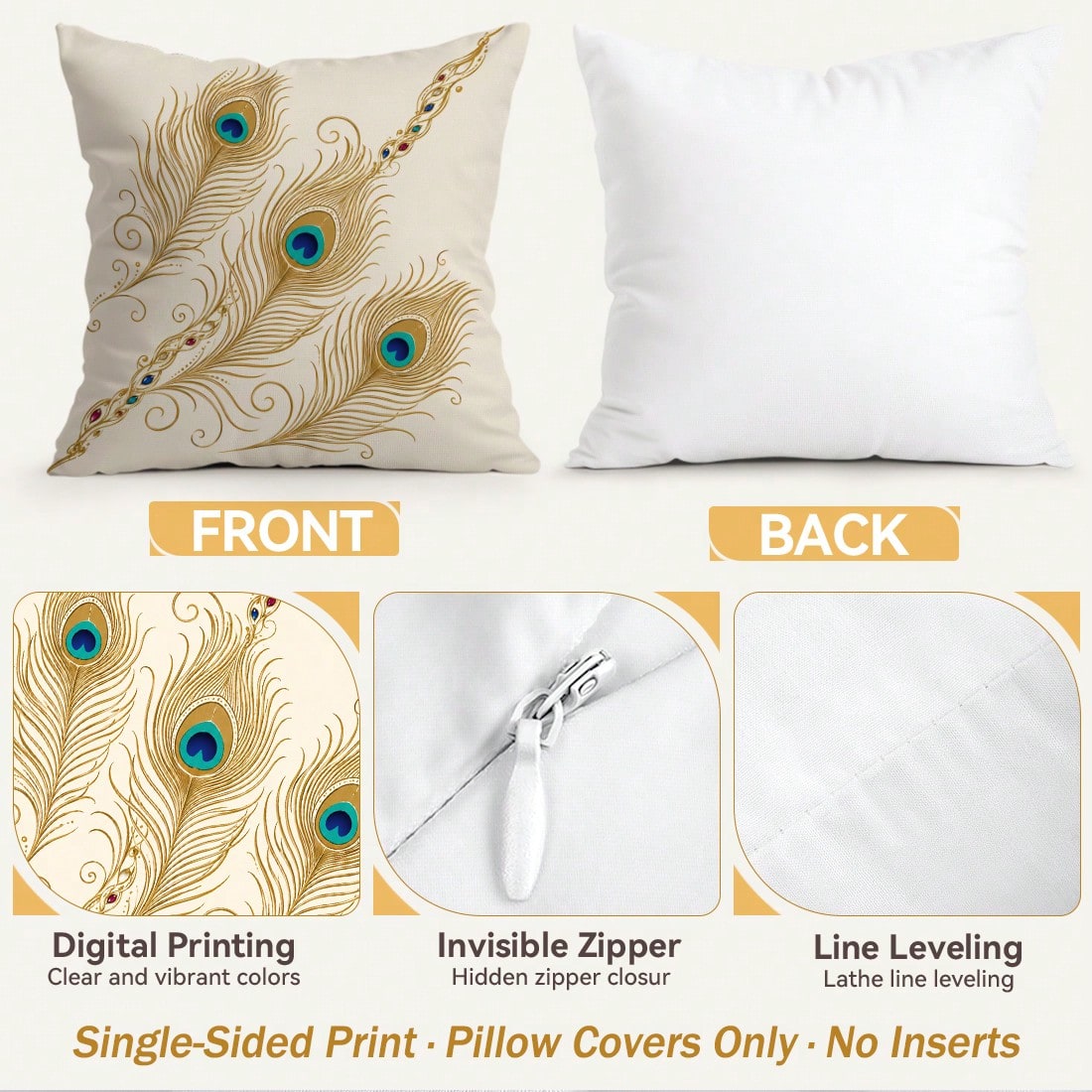 4pcs Peacock Feather Pillow Covers, Elegant Bohemian Peacock Plume Print Pattern, Polyester Material Without Insert, Single-Sided Printed Pillow Covers, Suitable For Living Room Bedroom Home Decor, Al