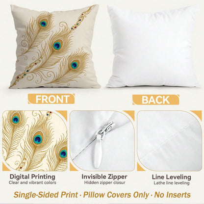 4pcs Peacock Feather Pillow Covers, Elegant Bohemian Peacock Plume Print Pattern, Polyester Material Without Insert, Single-Sided Printed Pillow Covers, Suitable For Living Room Bedroom Home Decor, Al
