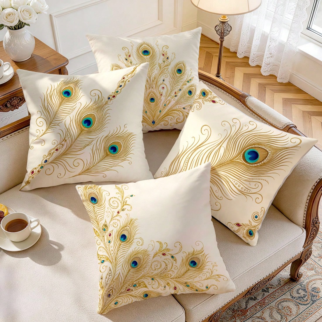 4pcs Peacock Feather Pillow Covers, Elegant Bohemian Peacock Plume Print Pattern, Polyester Material Without Insert, Single-Sided Printed Pillow Covers, Suitable For Living Room Bedroom Home Decor, Al