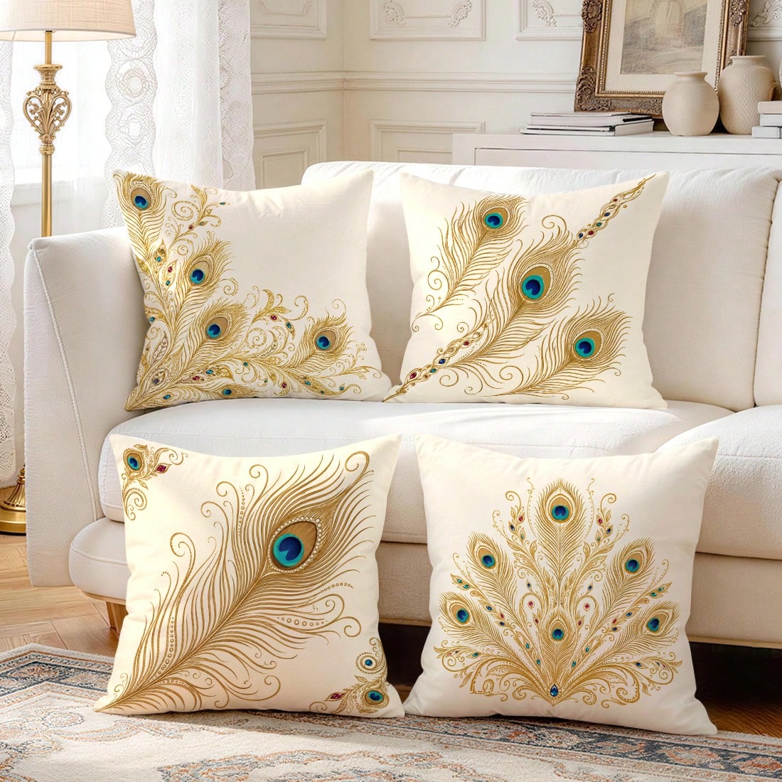 4pcs Peacock Feather Pillow Covers, Elegant Bohemian Peacock Plume Print Pattern, Polyester Material Without Insert, Single-Sided Printed Pillow Covers, Suitable For Living Room Bedroom Home Decor, Al