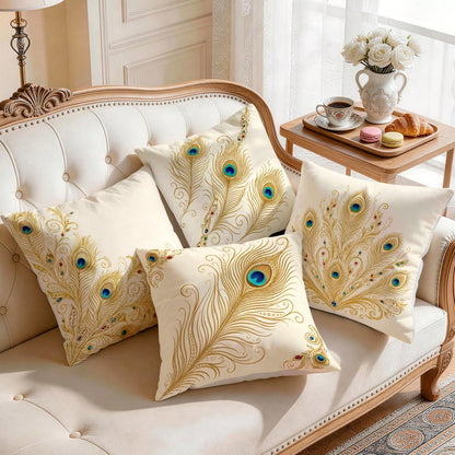 4pcs Peacock Feather Pillow Covers, Elegant Bohemian Peacock Plume Print Pattern, Polyester Material Without Insert, Single-Sided Printed Pillow Covers, Suitable For Living Room Bedroom Home Decor, Al