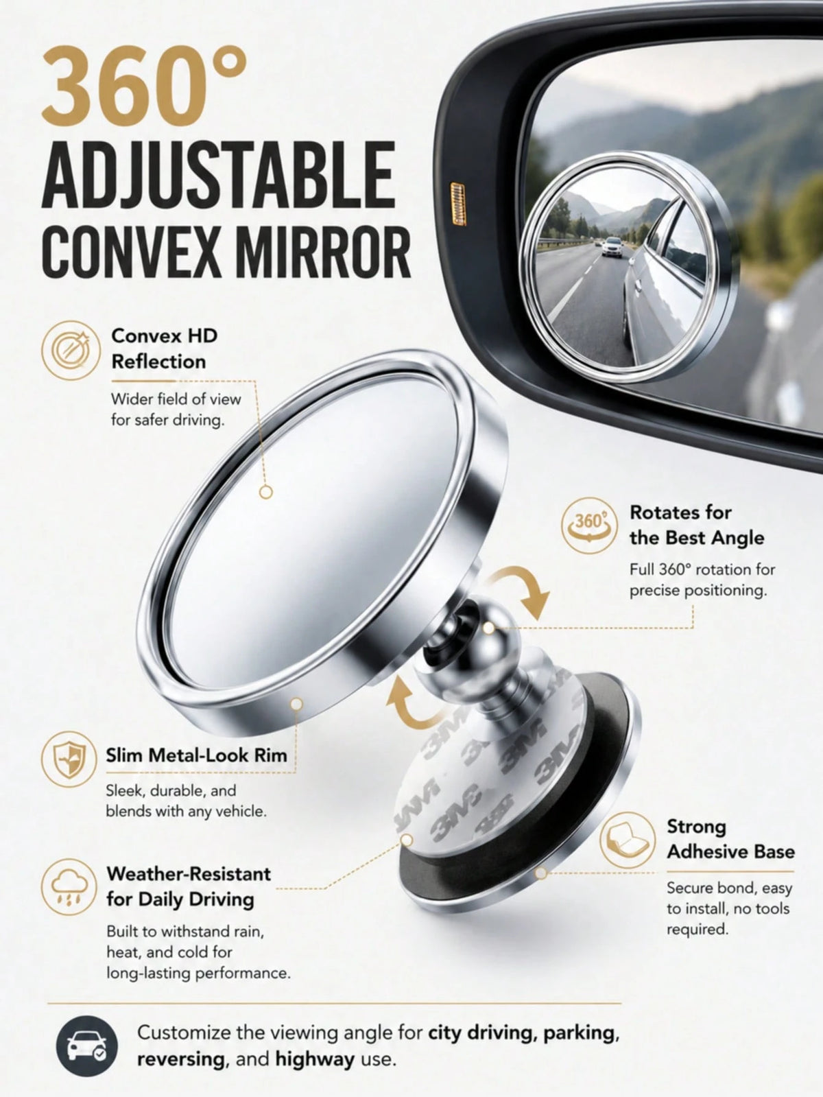 4pcs Set: 360° Adjustable Convex Blind Spot Mirror, Round Frame Wide Angle Car Rearview Mirror