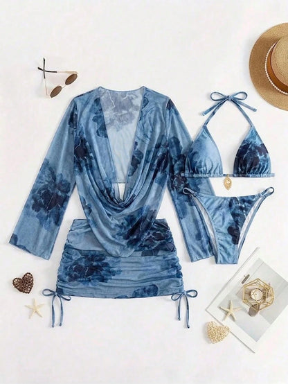 4pcs Sexy Solid Color Bikini Set With Sheer Cover-Up, Suitable For Vacation, Beach Party. This Set Is Perfect For New Year And Valentine's Day, Exuding Elegance And Sharpness, Casual Women's Clothing