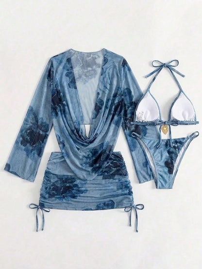 4pcs Sexy Solid Color Bikini Set With Sheer Cover-Up, Suitable For Vacation, Beach Party. This Set Is Perfect For New Year And Valentine's Day, Exuding Elegance And Sharpness, Casual Women's Clothing