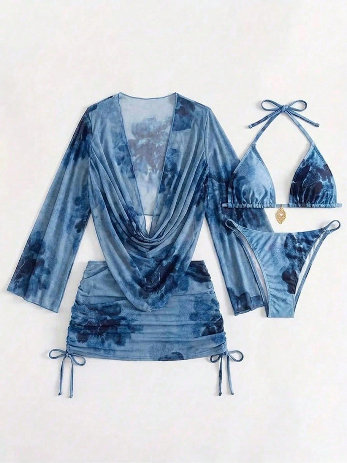 4pcs Sexy Solid Color Bikini Set With Sheer Cover-Up, Suitable For Vacation, Beach Party. This Set Is Perfect For New Year And Valentine's Day, Exuding Elegance And Sharpness, Casual Women's Clothing