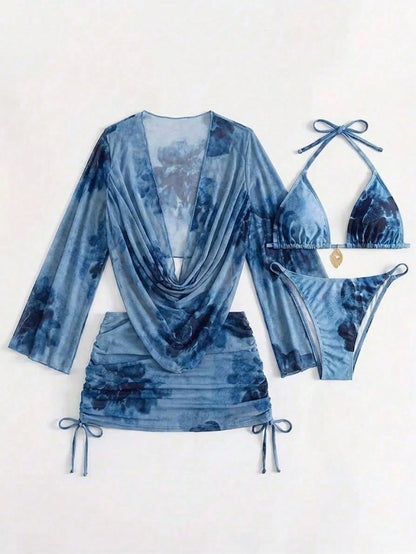 4pcs Sexy Solid Color Bikini Set With Sheer Cover-Up, Suitable For Vacation, Beach Party. This Set Is Perfect For New Year And Valentine's Day, Exuding Elegance And Sharpness, Casual Women's Clothing