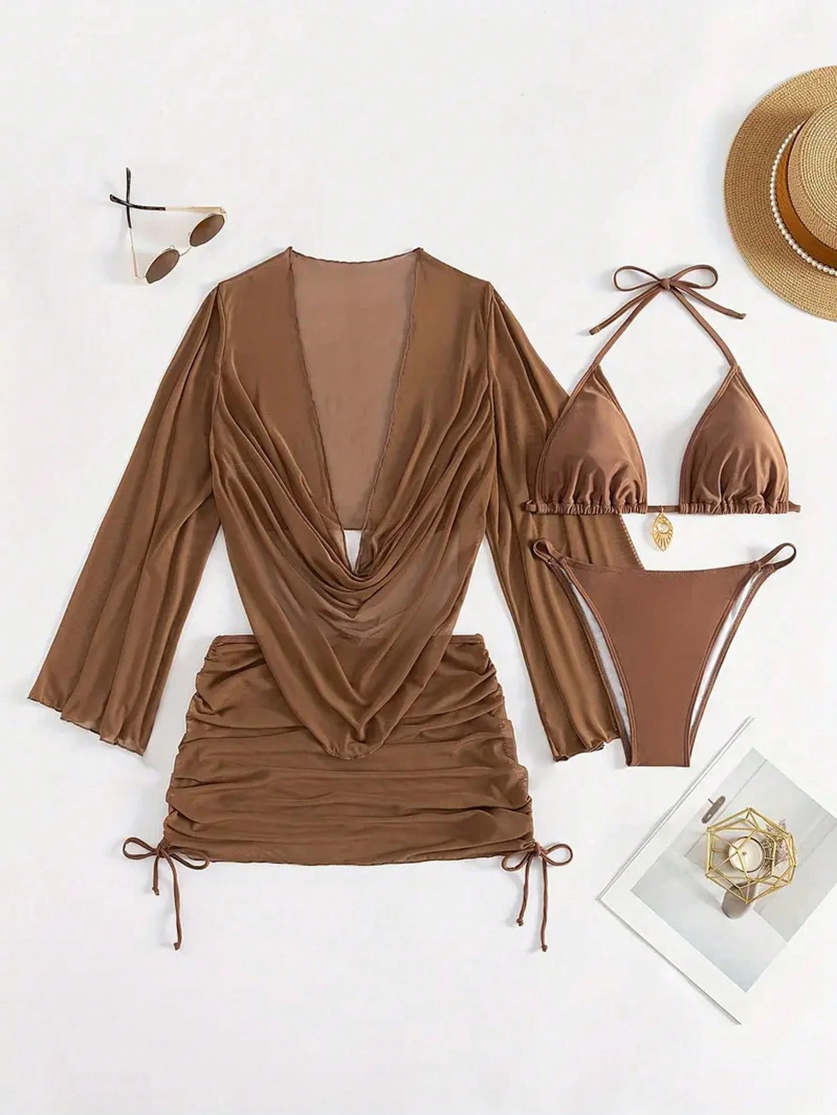 4pcs Sexy Solid Color Bikini Set With Sheer Cover-Up, Suitable For Vacation, Beach Party. This Set Is Perfect For New Year And Valentine's Day, Exuding Elegance And Sharpness, Casual Women's Clothing