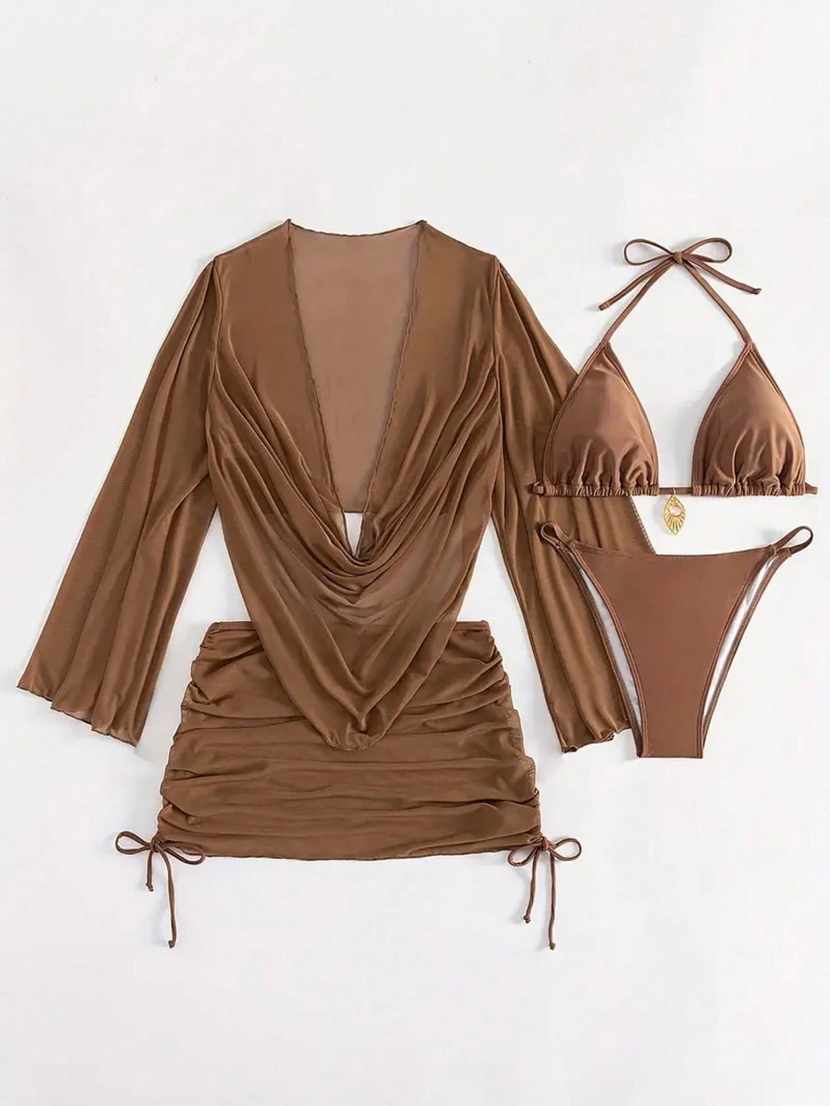 4pcs Sexy Solid Color Bikini Set With Sheer Cover-Up, Suitable For Vacation, Beach Party. This Set Is Perfect For New Year And Valentine's Day, Exuding Elegance And Sharpness, Casual Women's Clothing