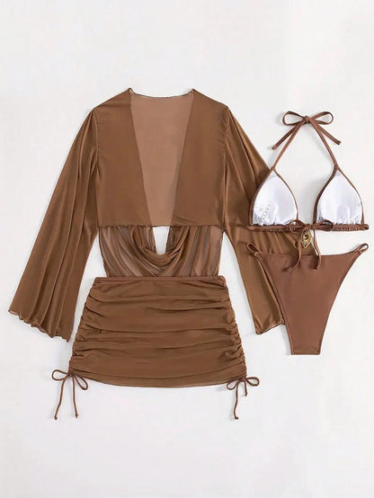 4pcs Sexy Solid Color Bikini Set With Sheer Cover-Up, Suitable For Vacation, Beach Party. This Set Is Perfect For New Year And Valentine's Day, Exuding Elegance And Sharpness, Casual Women's Clothing