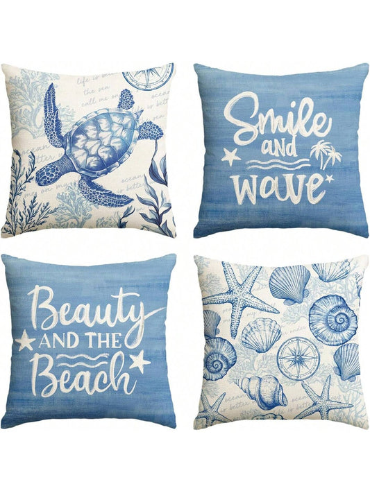 4pcs Summer Ocean Turtle Smile Wave Pillowcase, Exquisite Beach Coral And Starfish Holiday Decorative Pillow Cover Set, Single-Sided Print, Pillow Insert Not Included