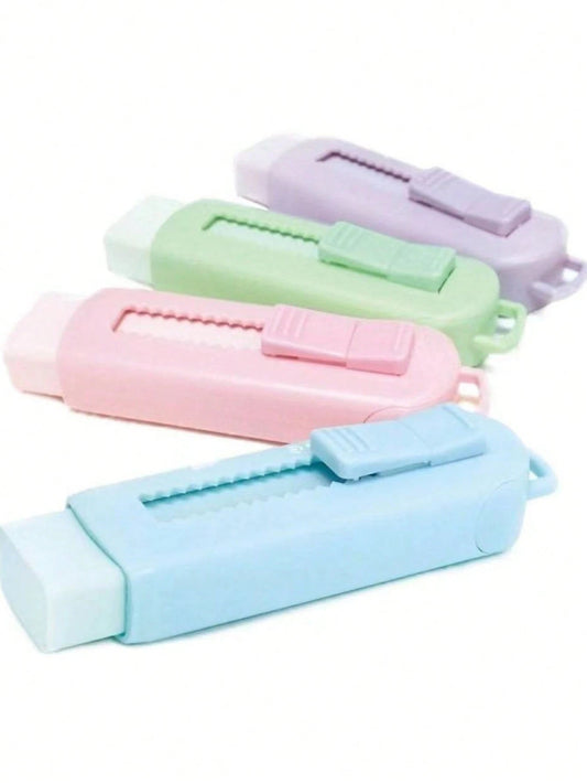 4pcs Vibrant Macaron Color Push-Pull Erasers, Creative Cartoon Design, Durable Rectangular Shape, Easy-Slide Mechanism, Suitable For Learning And Office Supplies, Multiple Colors, Aesthetic
