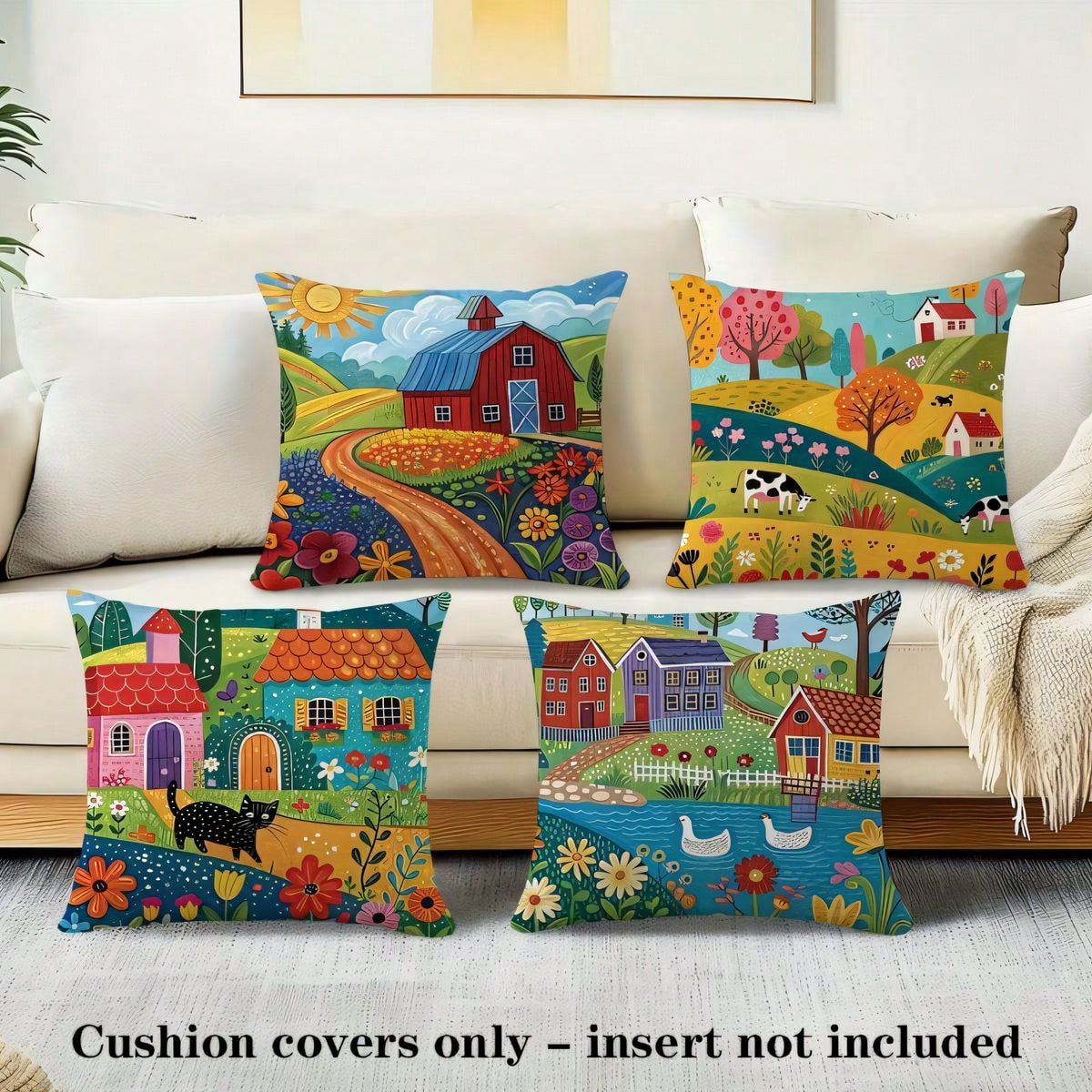 4pcs Vintage Pastoral Landscape Throw Pillow Covers, American Hand-Painted Country Farm House Animal Floral Leaf Print Pattern, Single-Sided 2D Flat Print, 45*45cm (18*18in), Soft Comfortable Polyeste
