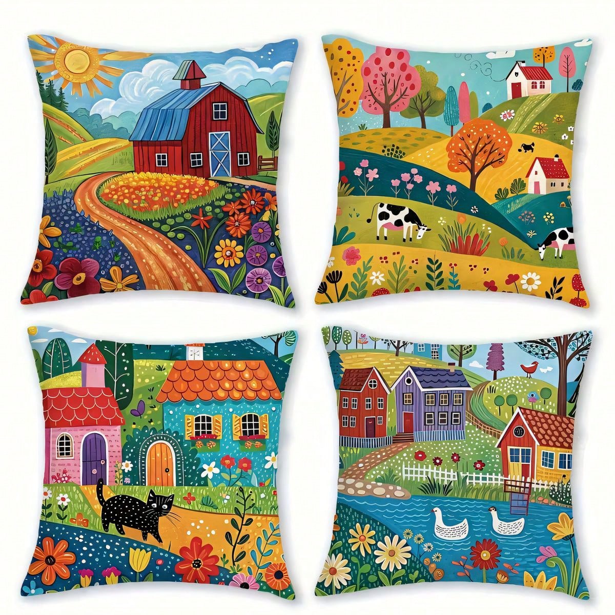 4pcs Vintage Pastoral Landscape Throw Pillow Covers, American Hand-Painted Country Farm House Animal Floral Leaf Print Pattern, Single-Sided 2D Flat Print, 45*45cm (18*18in), Soft Comfortable Polyeste