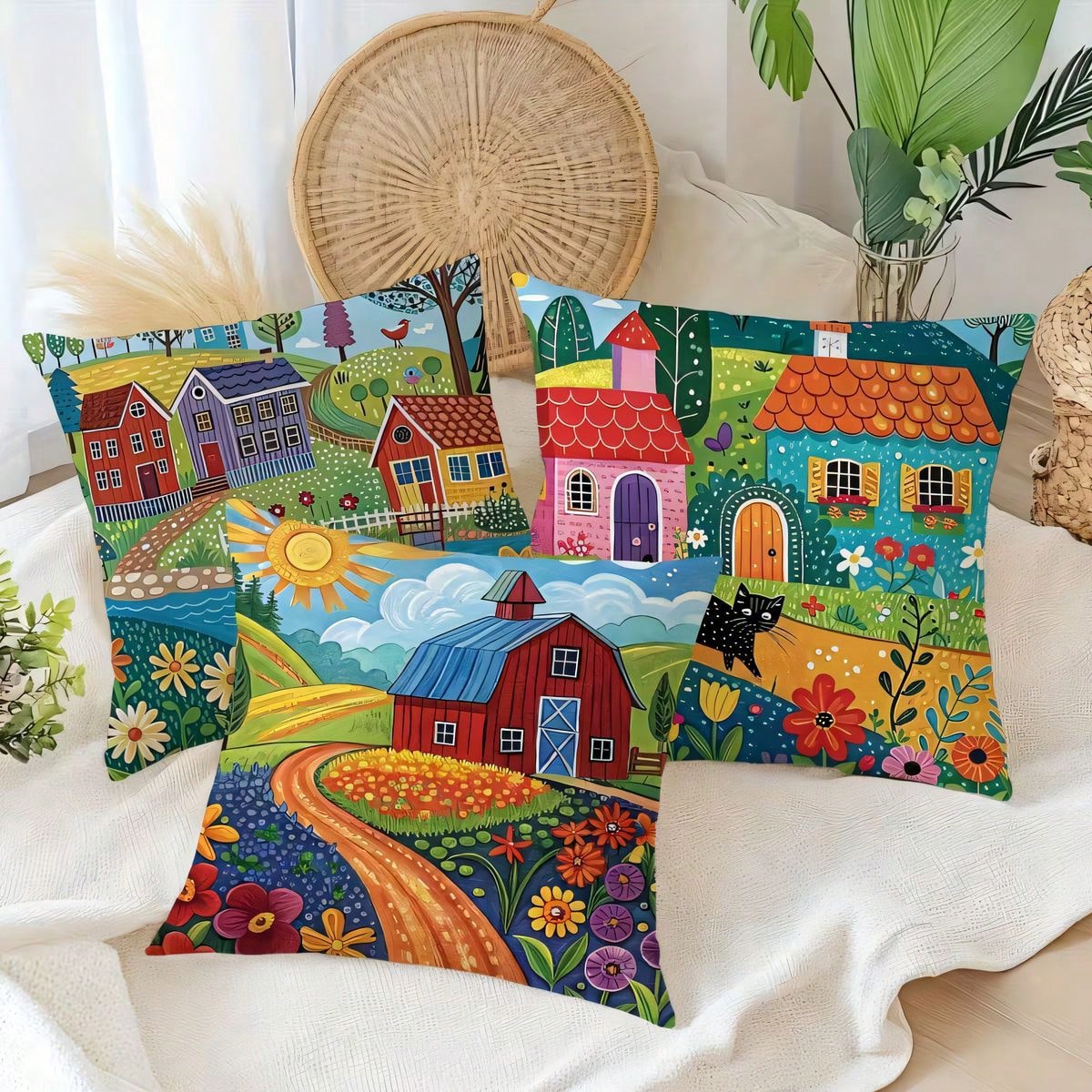 4pcs Vintage Pastoral Landscape Throw Pillow Covers, American Hand-Painted Country Farm House Animal Floral Leaf Print Pattern, Single-Sided 2D Flat Print, 45*45cm (18*18in), Soft Comfortable Polyeste