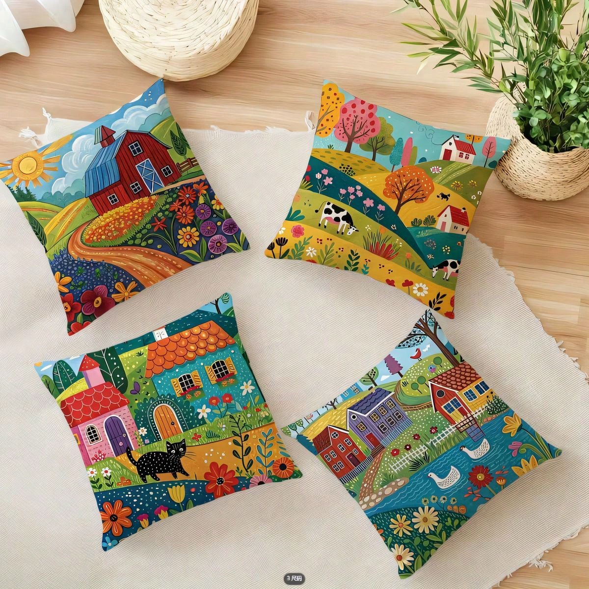 4pcs Vintage Pastoral Landscape Throw Pillow Covers, American Hand-Painted Country Farm House Animal Floral Leaf Print Pattern, Single-Sided 2D Flat Print, 45*45cm (18*18in), Soft Comfortable Polyeste