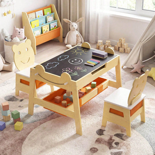 5-In-1 Kids' Table & Chair Set With Chalkboard, Whiteboard, 3 Storage Bins, 4 Hooks