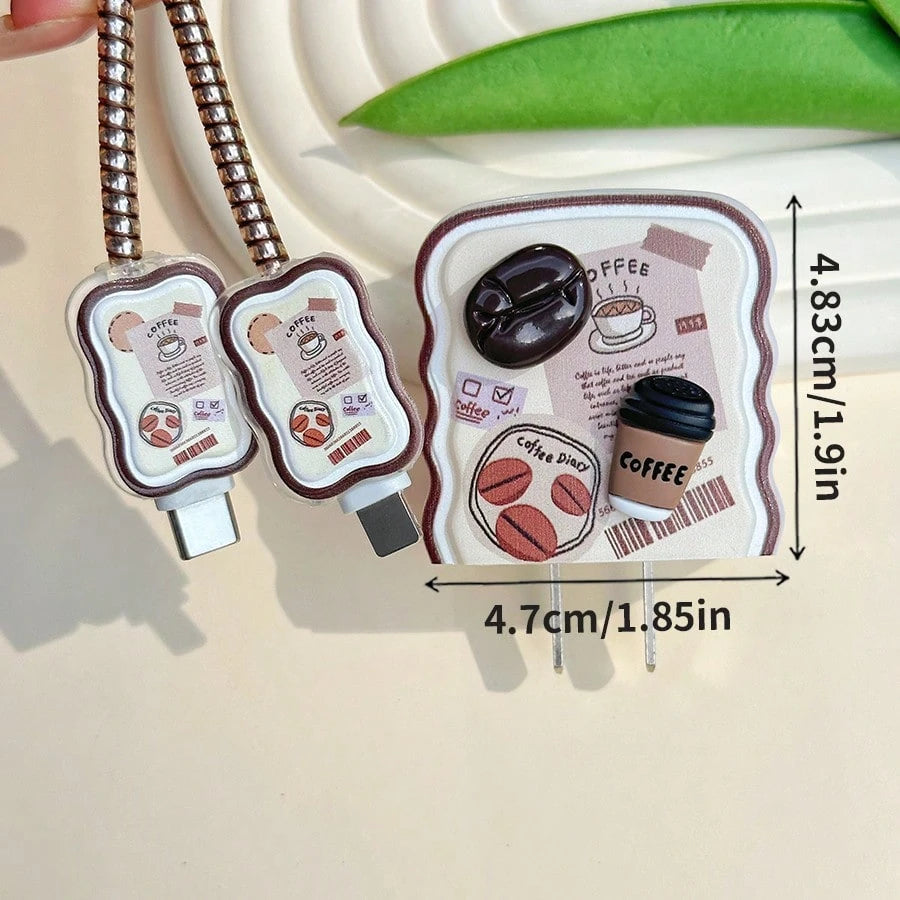 5pcs Coffee Series Cartoon Charger Protector Case, 1.5m Data Cable Anti-Bending Wrap Cord, Compatible With Apple 16/17 Pro 20W Charger Protector, Great Gift