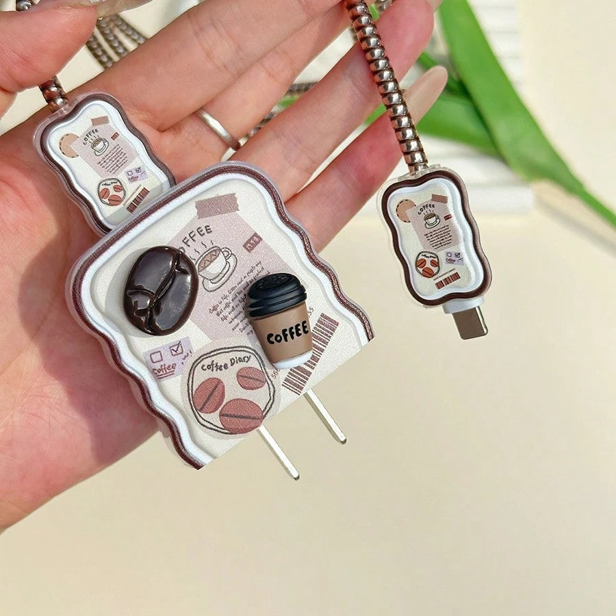 5pcs Coffee Series Cartoon Charger Protector Case, 1.5m Data Cable Anti-Bending Wrap Cord, Compatible With Apple 16/17 Pro 20W Charger Protector, Great Gift