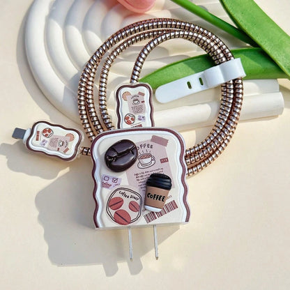 5pcs Coffee Series Cartoon Charger Protector Case, 1.5m Data Cable Anti-Bending Wrap Cord, Compatible With Apple 16/17 Pro 20W Charger Protector, Great Gift