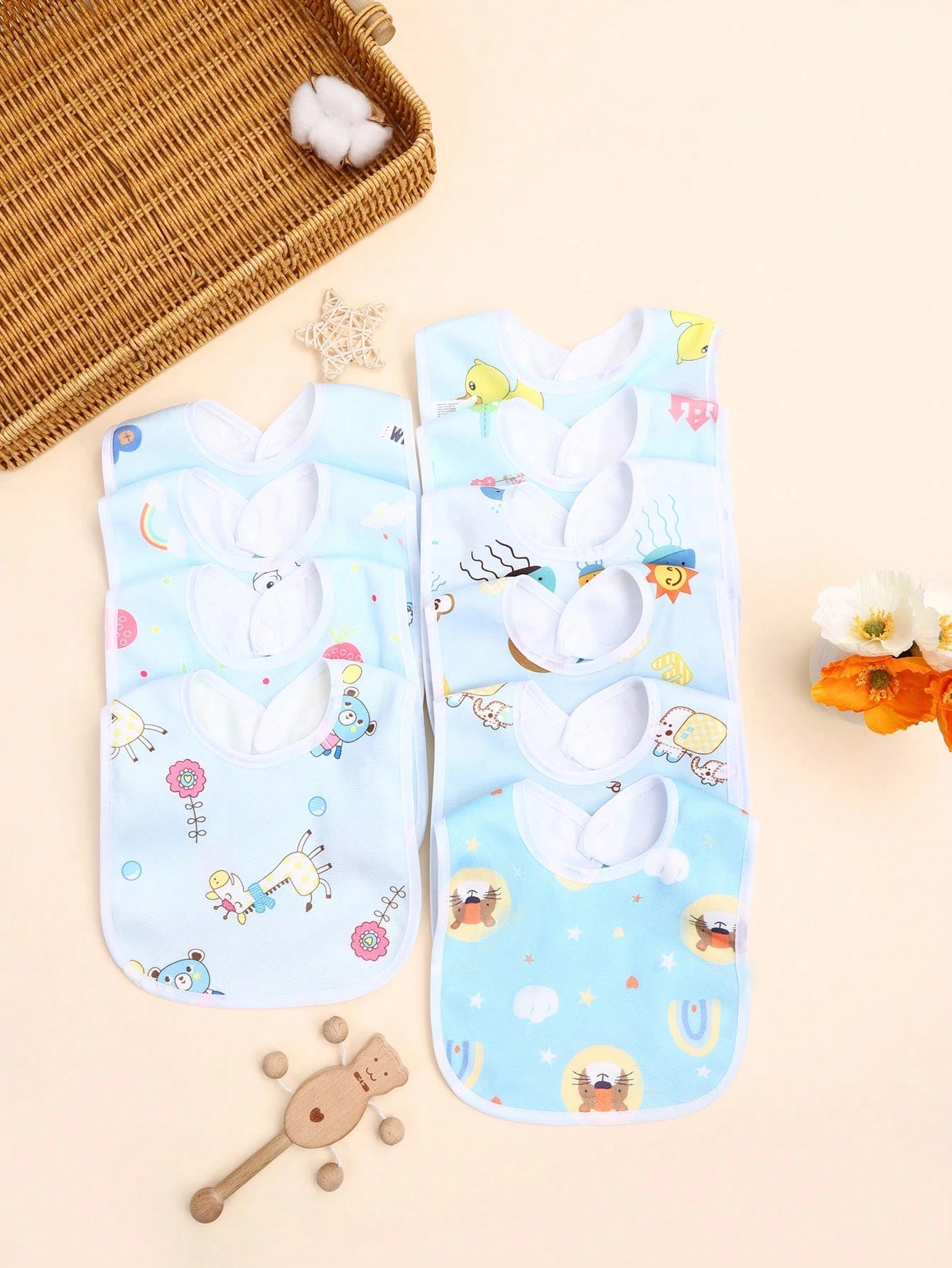 5pcs/Pack Random Blue Tone Crystal Velvet Baby Bibs, Soft Skin-Friendly Printed Pattern U-Shaped Drool Bibs