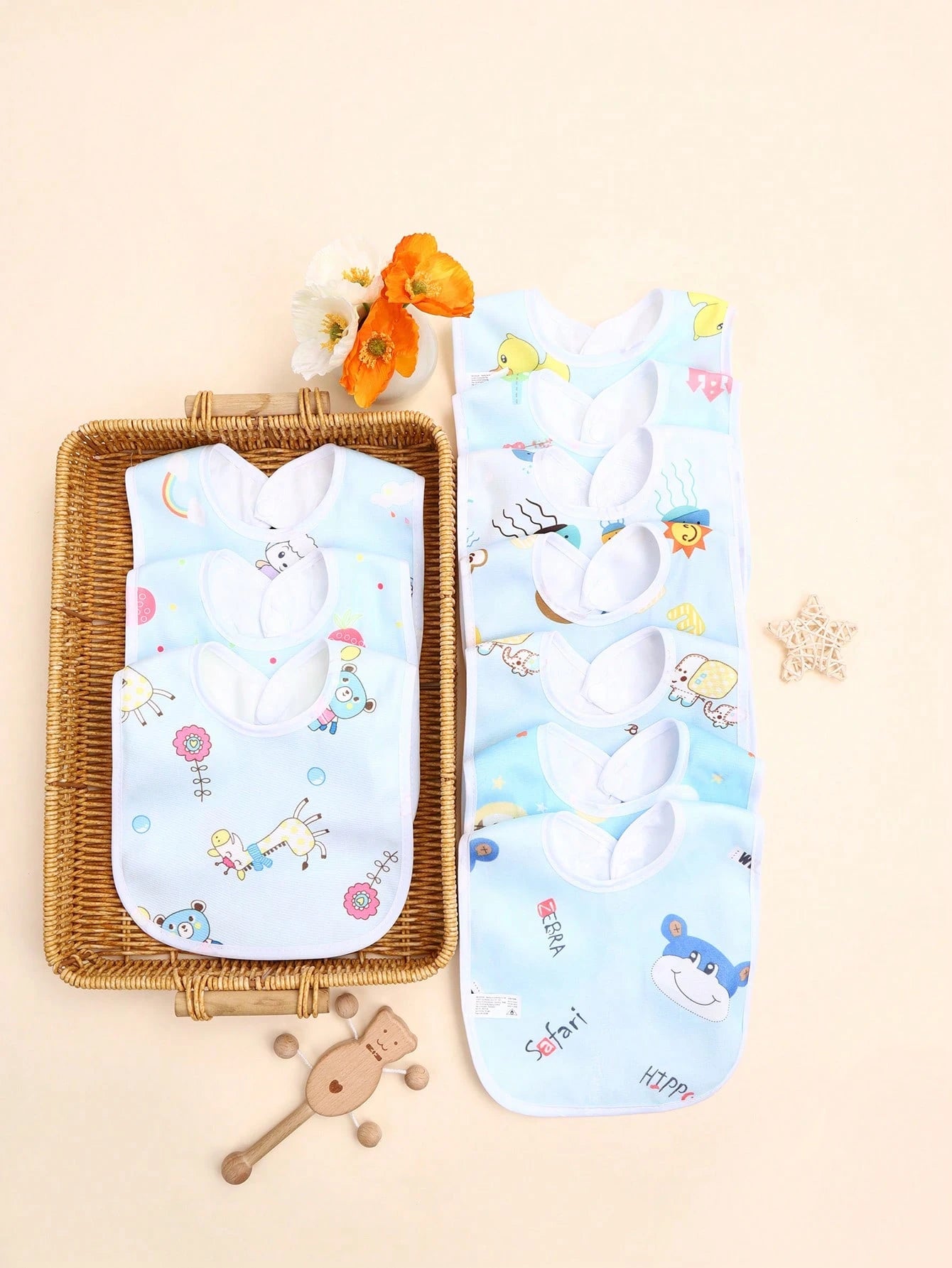 5pcs/Pack Random Blue Tone Crystal Velvet Baby Bibs, Soft Skin-Friendly Printed Pattern U-Shaped Drool Bibs