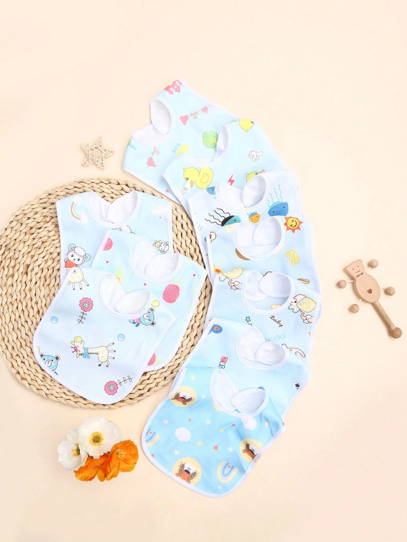 5pcs/Pack Random Blue Tone Crystal Velvet Baby Bibs, Soft Skin-Friendly Printed Pattern U-Shaped Drool Bibs