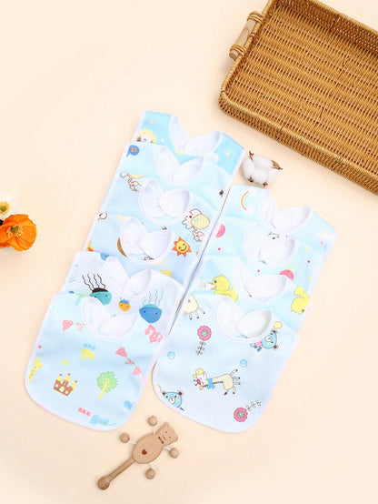 5pcs/Pack Random Blue Tone Crystal Velvet Baby Bibs, Soft Skin-Friendly Printed Pattern U-Shaped Drool Bibs