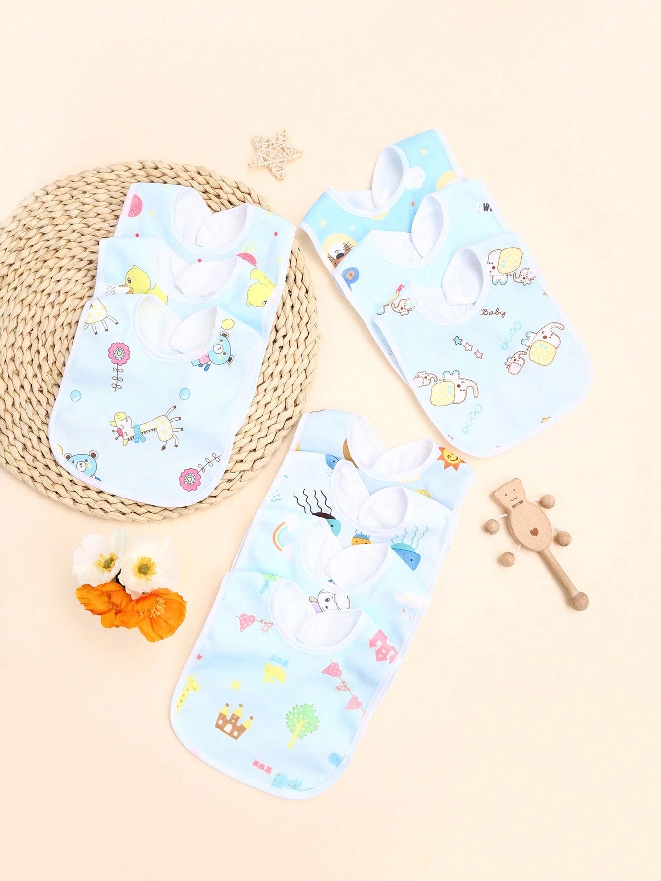 5pcs/Pack Random Blue Tone Crystal Velvet Baby Bibs, Soft Skin-Friendly Printed Pattern U-Shaped Drool Bibs