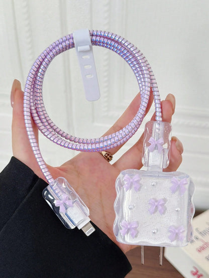 5pcs Purple Bow & White Pearl Design Charging Accessory Set (20W/18W), Includes Charging Cable Protector, Charger Head Cover, Compatible Charging Cable Protector, Charger Accessories, Phone Accessorie