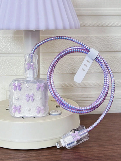 5pcs Purple Bow & White Pearl Design Charging Accessory Set (20W/18W), Includes Charging Cable Protector, Charger Head Cover, Compatible Charging Cable Protector, Charger Accessories, Phone Accessorie