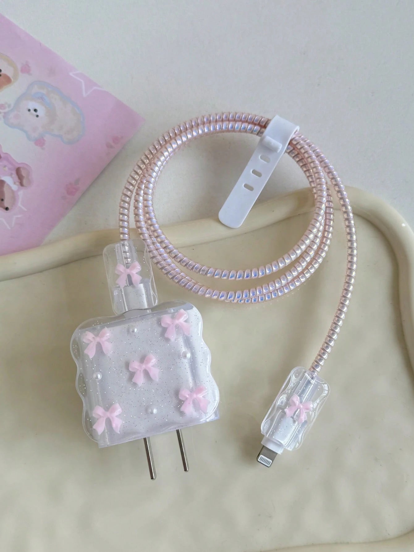 5pcs Purple Bow & White Pearl Design Charging Accessory Set (20W/18W), Includes Charging Cable Protector, Charger Head Cover, Compatible Charging Cable Protector, Charger Accessories, Phone Accessorie