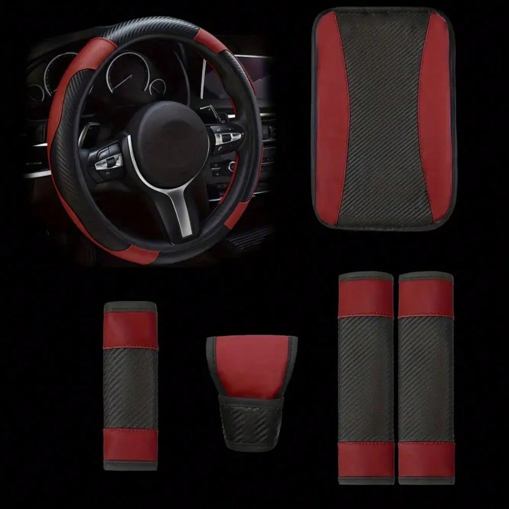 6-Piece Set, PU Leather Car Interior Package, Including Steering Wheel Cover, Shoulder Protection, Gloves, Armrest Box Pad, Suitable For Most Sedans And SUVs