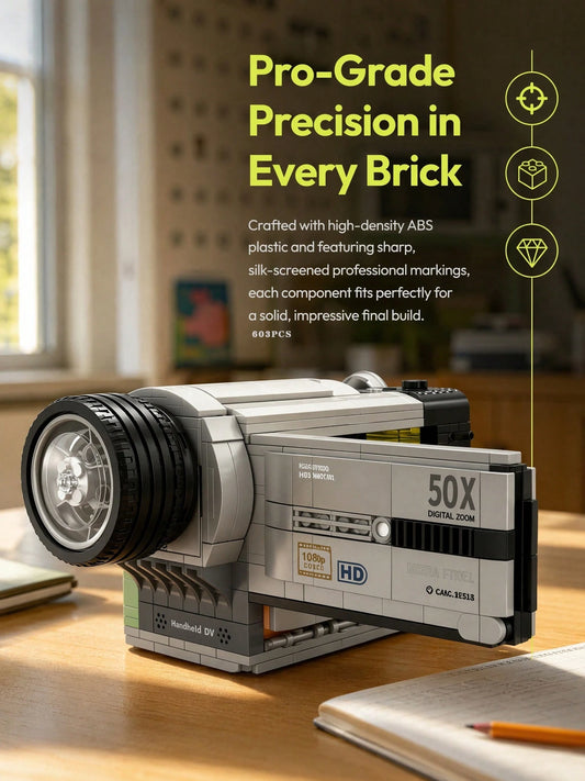 603pcs Vintage DV Camera Building Blocks, Desktop Studio Decor Display Model, Adult Stress Relief DIY Assembly Kit, Nostalgic Old-Style Camera Collectible Gift, Office Desktop Retro Tech Decor Blocks
