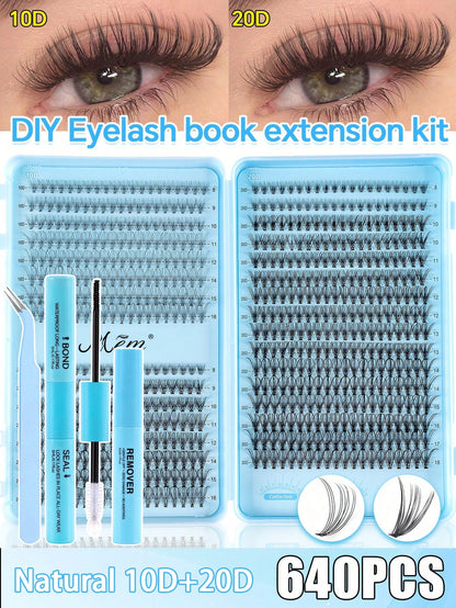 640pcs Cluster False Eyelashes, Thick Curled Eyelash Extension Kit, D-Curl 8-16mm Mixed Length, DIY Eyelash Extension Set With Tutorial, Fluffy Soft Individual Lashes, Create Voluminous Natural Y2K Bu